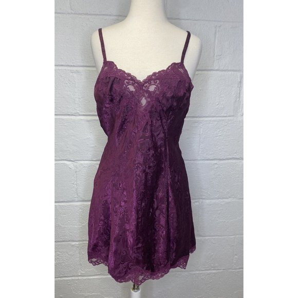 VTG Victorias Secret Gold Label Purple Damask Sleep Shirt Chemise Set Med M/L - Picture 2 of 12